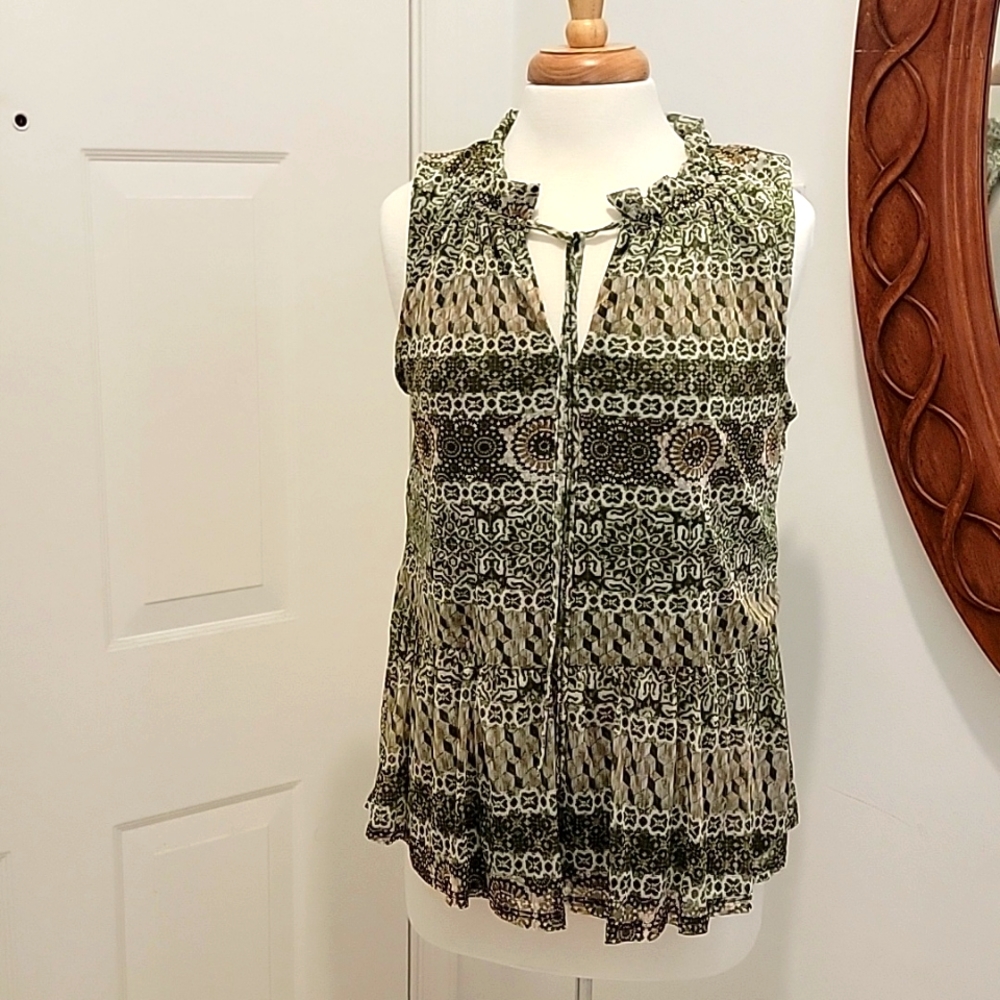 NWOT HARPER 241 Olive Green & Beige Medallion/Block Print Sleeveless Top SZ:M